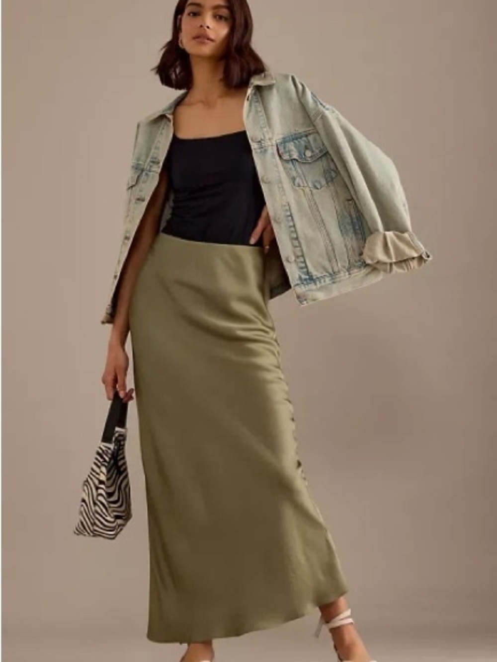 Anthropologie Olive Green Satin Maxi Skirt